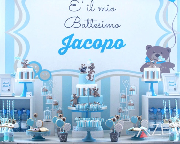 Backdrop per sweet table battesimo tema orsetto